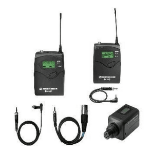Hot shoe mount Sennheiser radio microphone set with transmitter and receiver.
