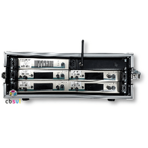 Rack of 4 sennheiser in ear monitor transmitters with an aerial combiner unit to provide wireless audio monitoring