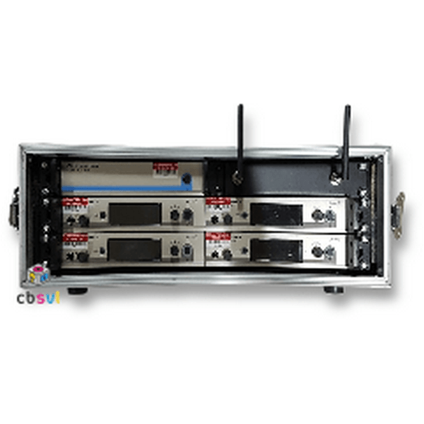 Self contained rack of 4 sennheiser radio microphone receivers with aerial distribution unit